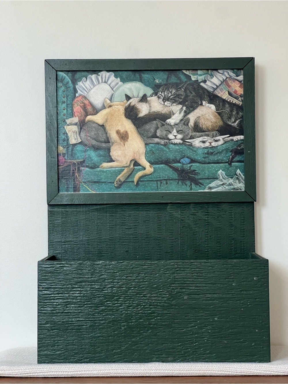 Vintage 90s Forest Green Cat Desk Organizer / Wall-Mount Mail Sorter